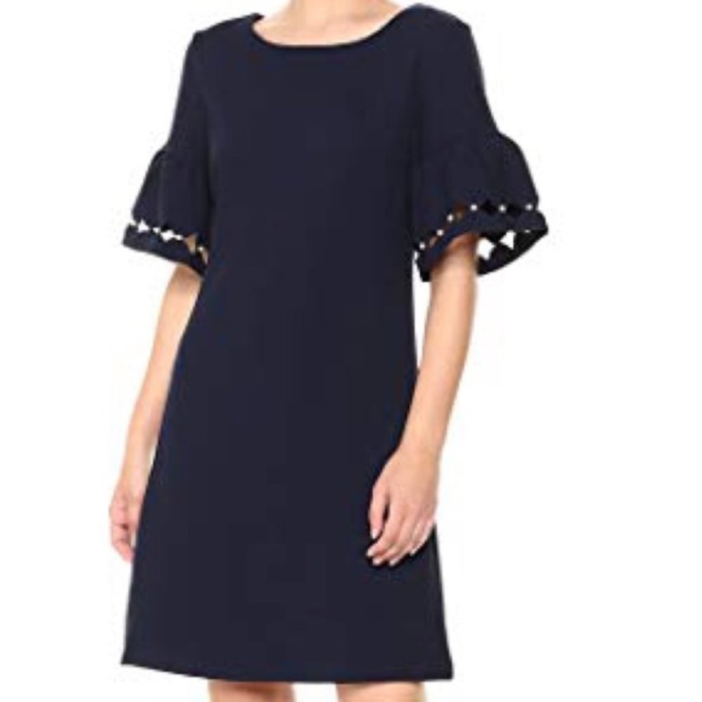Ivanka Trump Knit Bell Sleeve Pearl Trim Dress